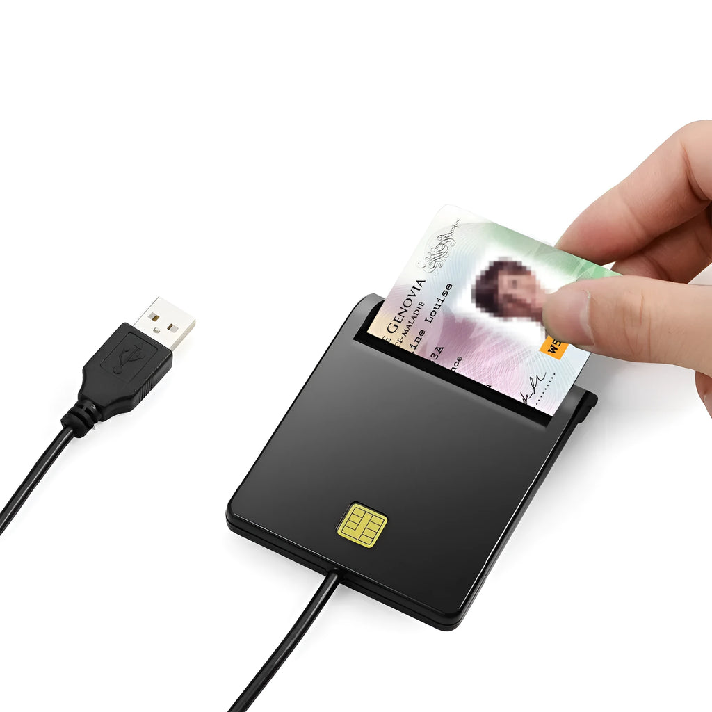 DM-HC65 USB smart card reader in black plastic casing, connected via USB cable