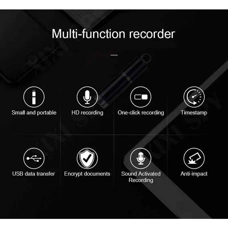Black Amoi A1 metal voice recorder with included headset on a plain background.