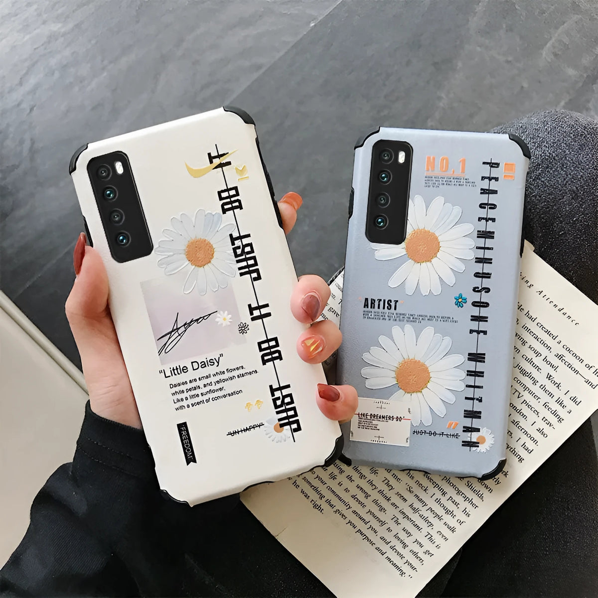 Samsung Daisy TPU phone case back cover with daisy decal in Japanese Korean style, Blue colour, fitted on a Samsung phone