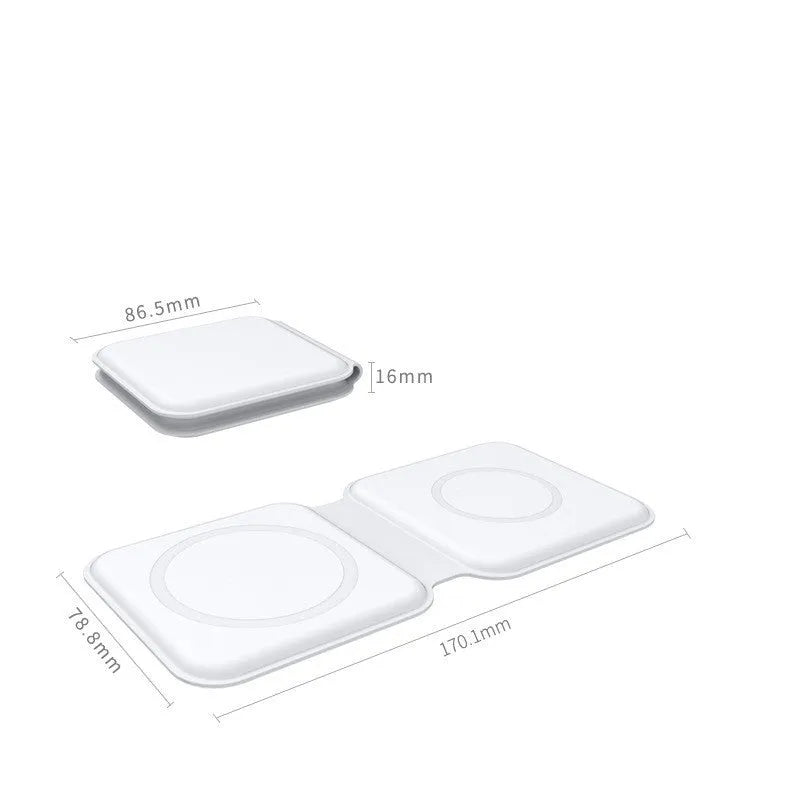 White foldable magnetic wireless charging dock shown open with two phones charging.