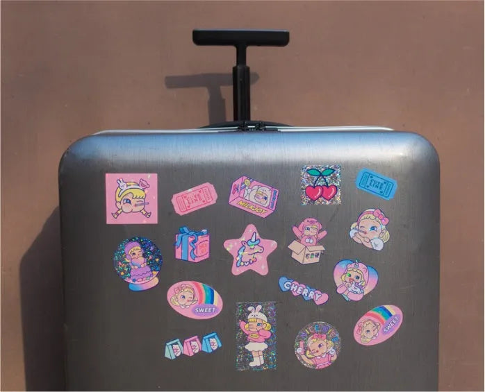 Korean cartoon sticker set with 16 square designs and storage box for suitcase and laptop decoration
