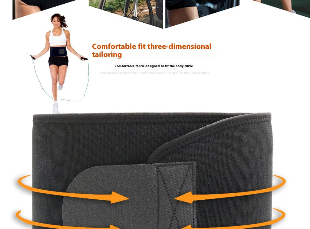 Adjustable neoprene fitness lumbar support belt in black, shown wrapped.