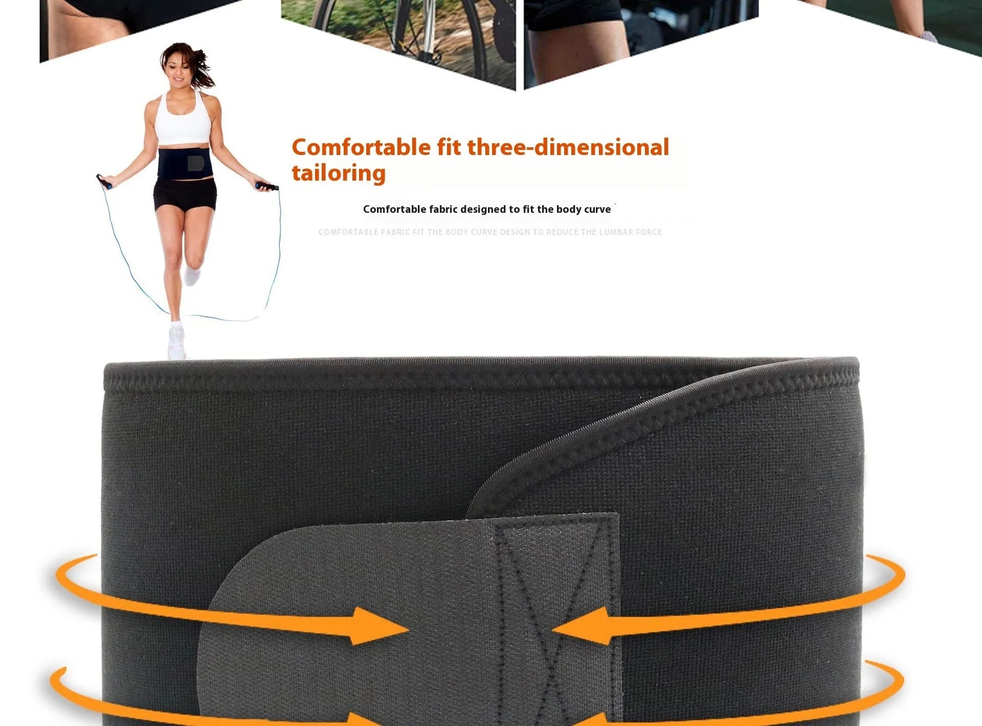 Adjustable neoprene fitness lumbar support belt in black, shown wrapped.