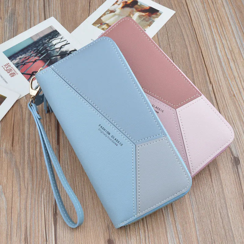Women's horizontal square clutch bag with zipper, tassel, stitching, card slot, bill holder, in black, blue, or pink