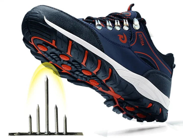 Guisalao men's low-cut safety shoes with steel toe cap and anti-piercing sole, camouflage fur upper.