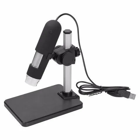 Black USB microscope camera with 8 LED lights, 1000X magnification, focus range 0-40mm
