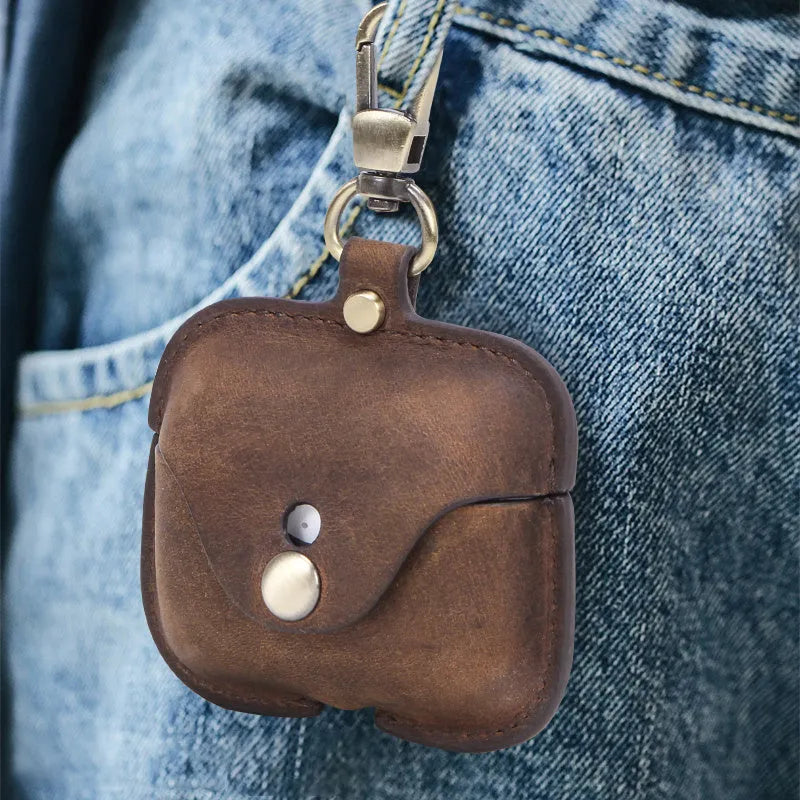 Brown leather clamshell case for AirPods Pro with crazy horse pattern texture and vintage styling
