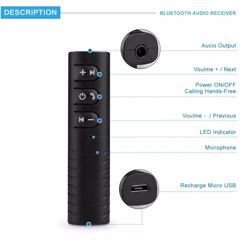 Black Bluetooth car audio adapter with 3.5mm aux connector and Mini USB charging port