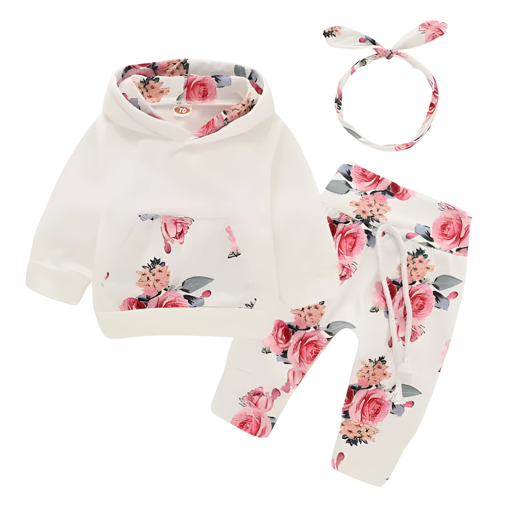 White 100% cotton hooded playsuit for a baby, showing long sleeves, trousers, and pullover neck.