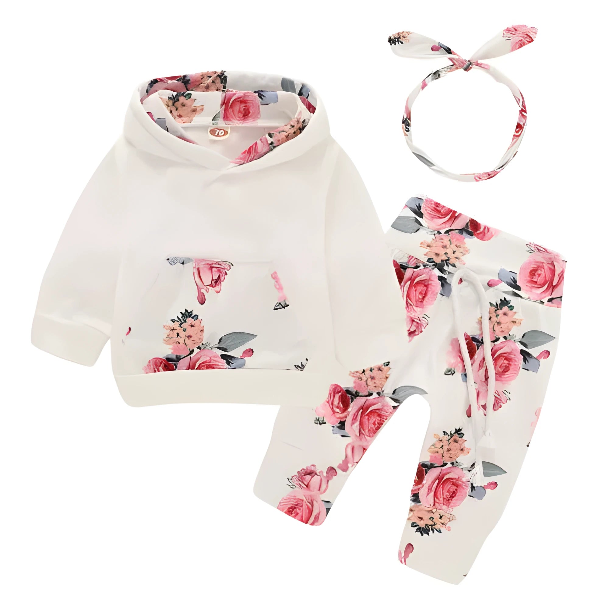 White 100% cotton hooded playsuit for a baby, showing long sleeves, trousers, and pullover neck.