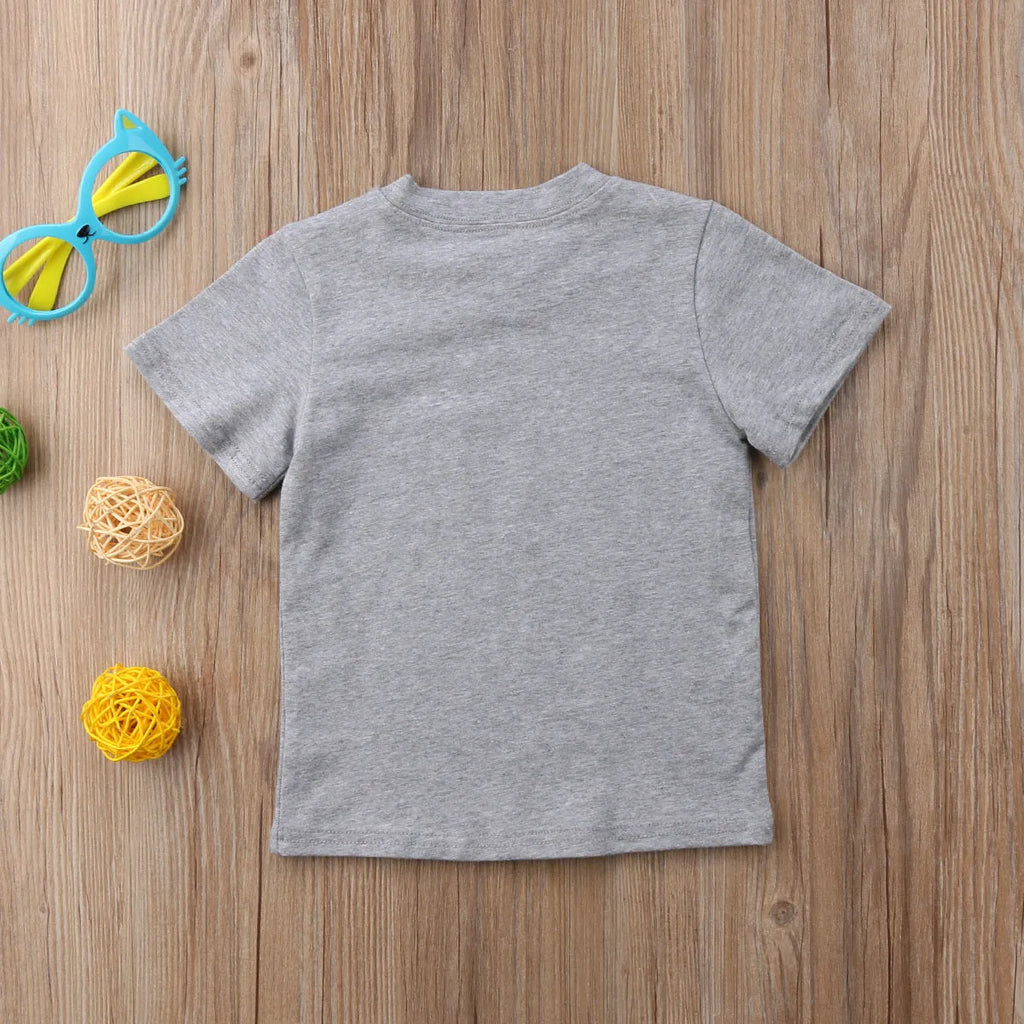 Grey printed cotton t-shirt showing sibling designs available in nine sizes from 60cm to 140cm
