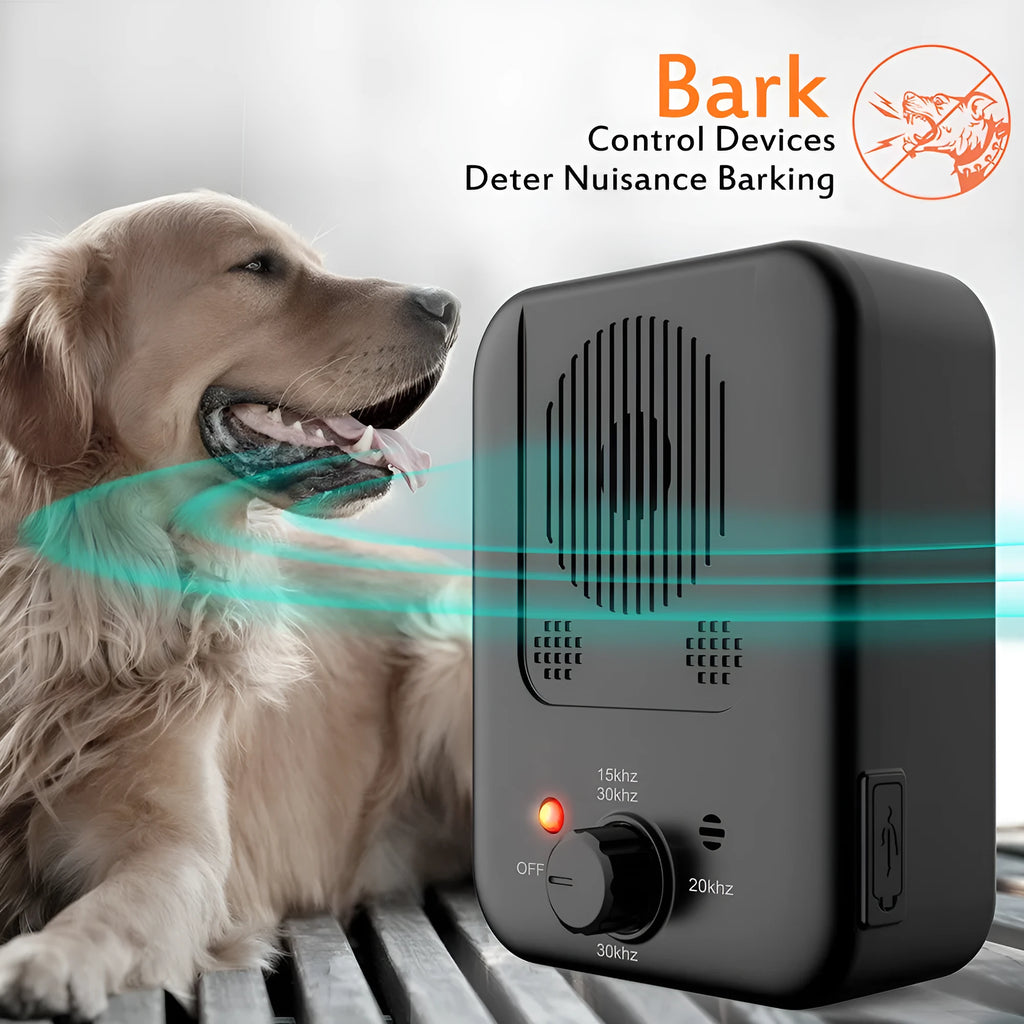 Ultrasonic anti barking device mounted on wooden fence with dog in background, 50-foot detection range