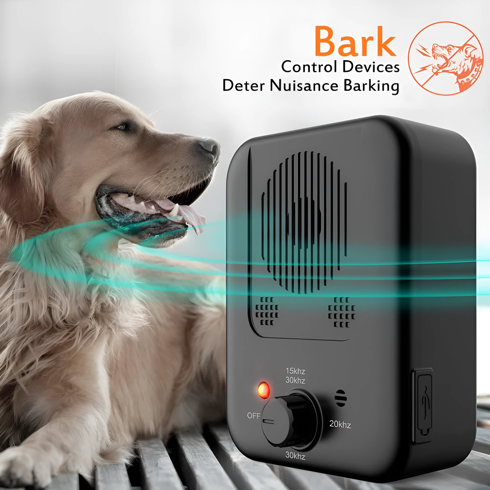 Ultrasonic anti barking device mounted on wooden fence with dog in background, 50-foot detection range