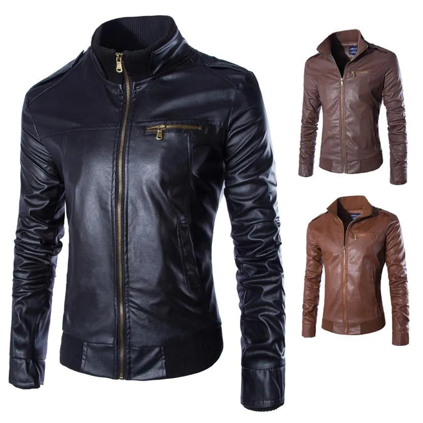Motorcycle leather jacket for men in black faux leather with front zip closure