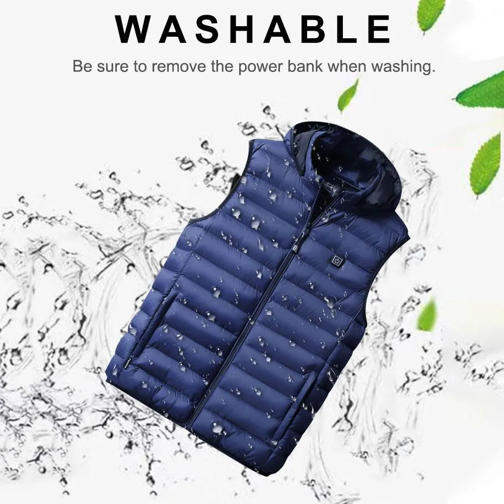 Heated cotton vest in black with USB electric heating panels for winter outdoor warmth