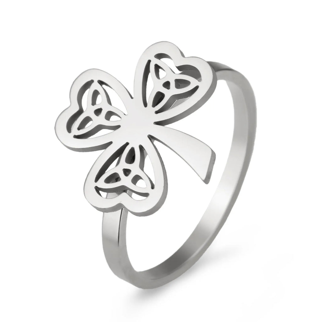 Stainless steel lucky hollow ring in gold or steel colour on size display