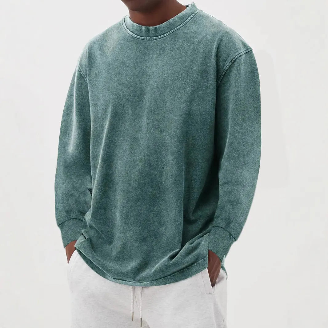 Men's long-sleeved t-shirt washed old solid colour slim fit polyester pullover in sky blue