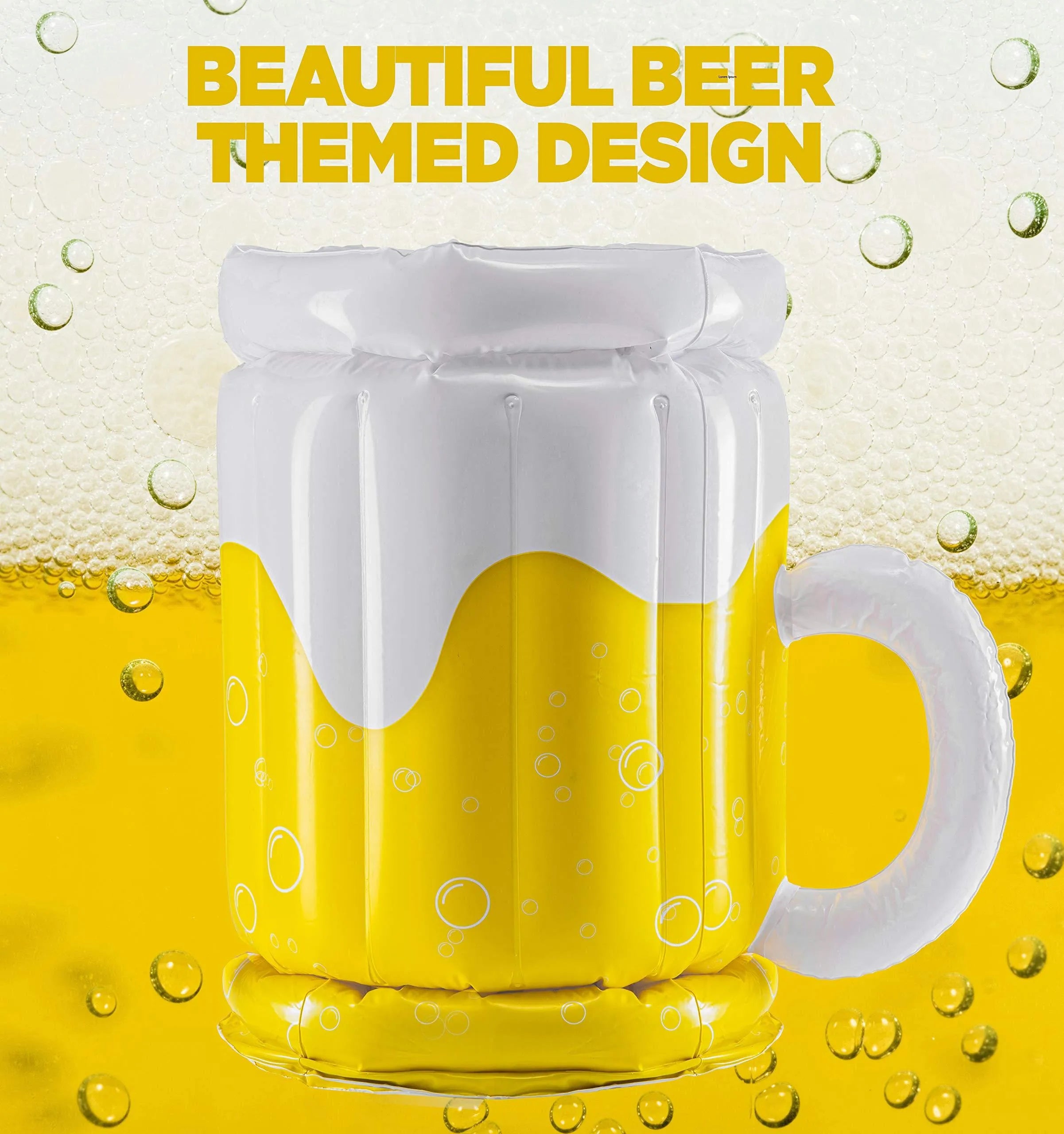 Yellow inflatable beer mug pool float cooler with 44cm height and 32cm diameter