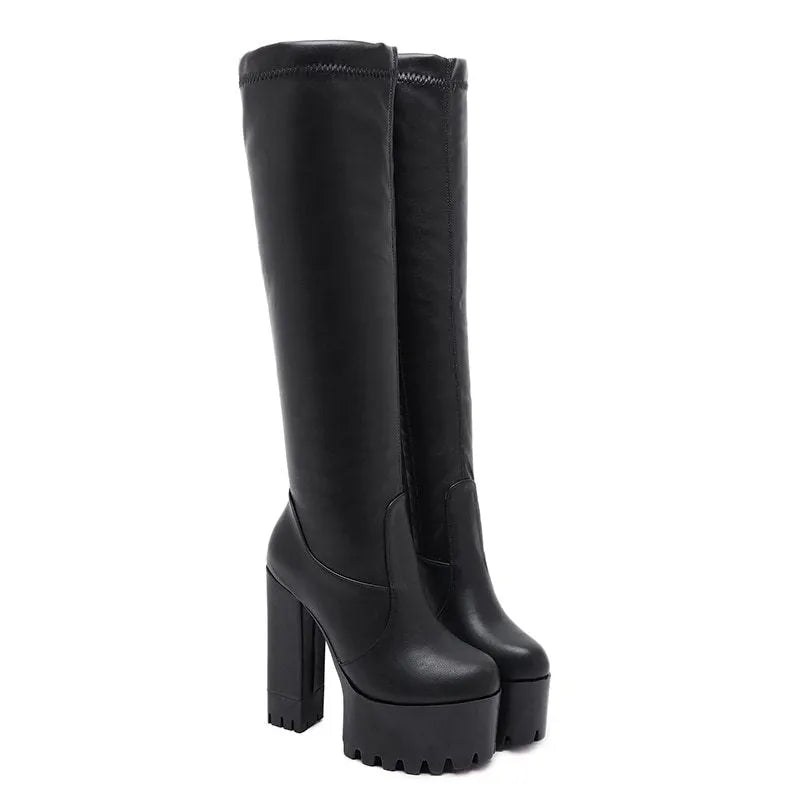 Women's black sheepskin leather above-knee boots with flat heel and side zipper