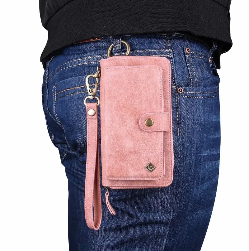 Black PU mobile phone wallet case with a zip closure, shown next to a credit card.