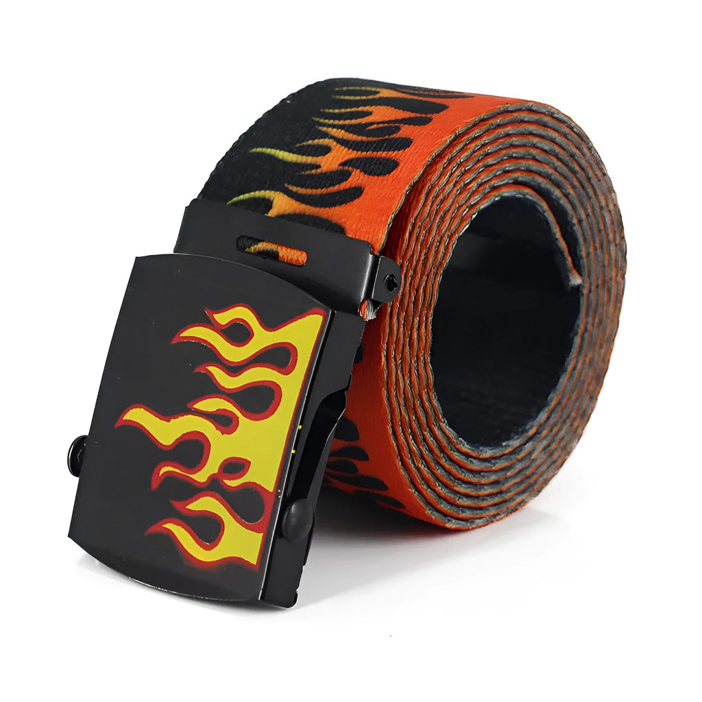 Flame print canvas belt with woven silk, iron oval buckle, single loop, 3.8cm wide, multicolor.