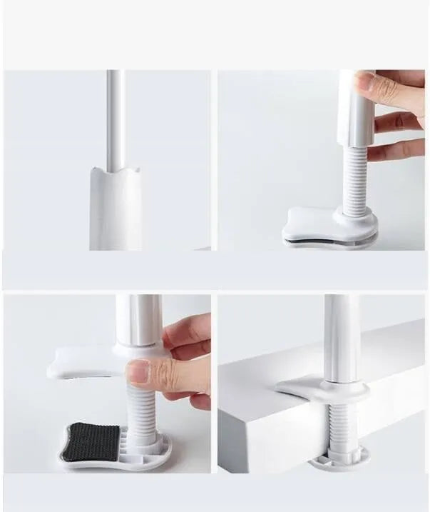 Lazy mobile phone bracket with spiral clip base and bendable alloy pipe in blue or pink, 80cm to 138cm
