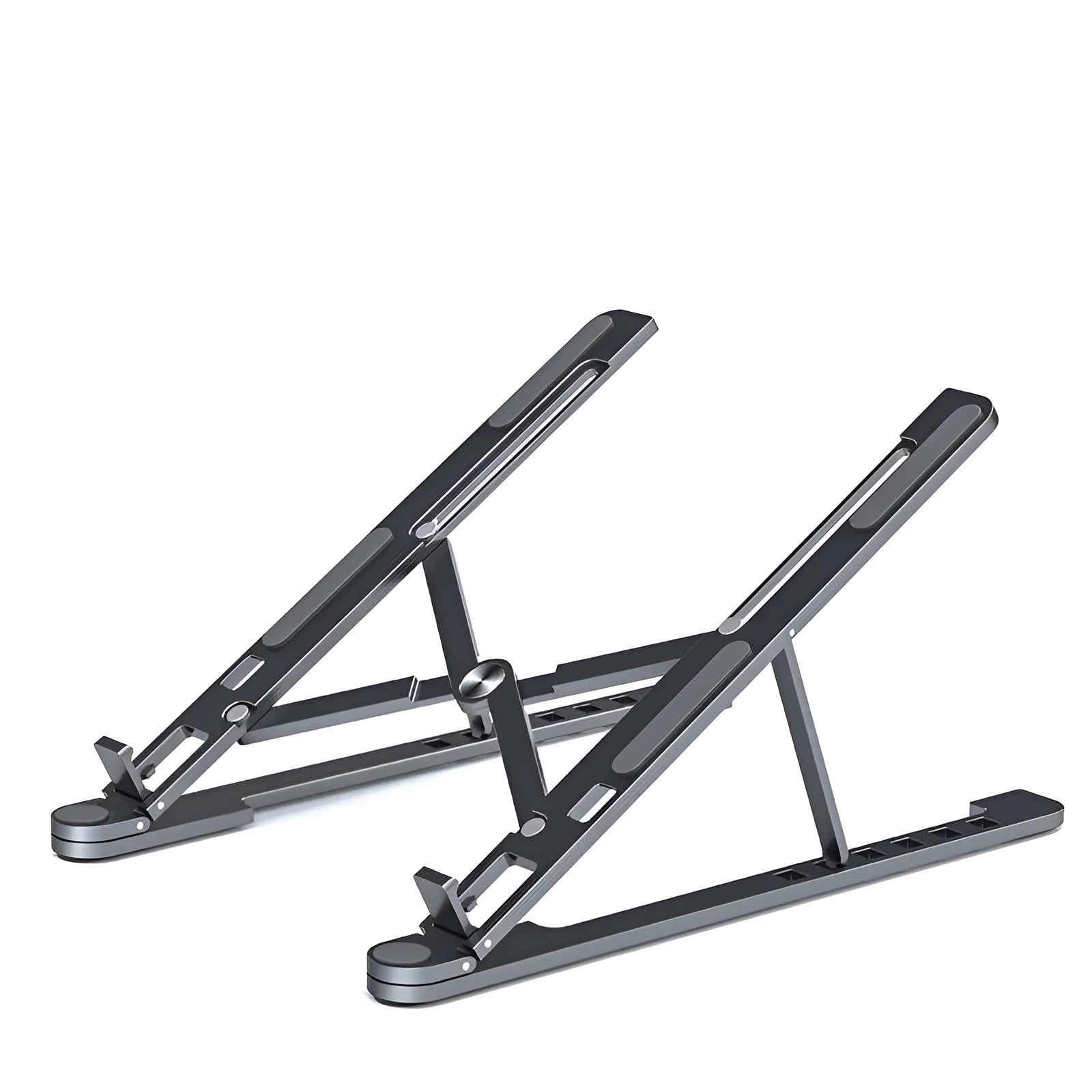 Foldable aluminium laptop stand in silver colour, shown adjusted to a height with a laptop on it