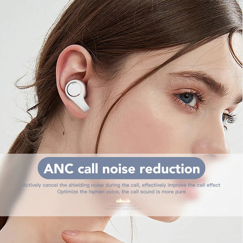 Black and white ANC Active Noise Cancelling Bluetooth headphones with earplug design.
