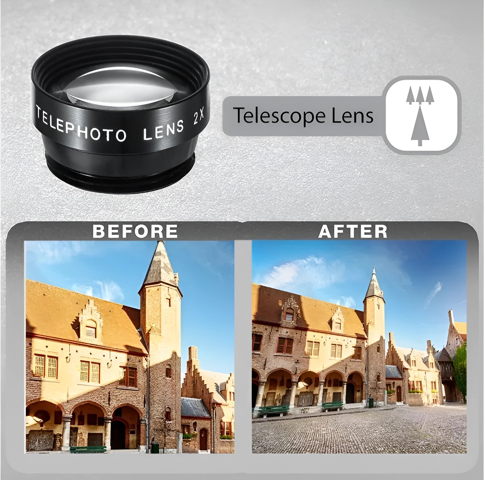 Black universal 5-in-1 smartphone lens kit showing fisheye, wide angle, macro, telephoto and CPL filter lenses with clip mount