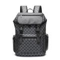 Black checkered printed PU leather backpack with curved shoulder straps shown from front perspective