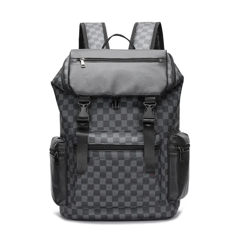 Black checkered printed PU leather backpack with curved shoulder straps shown from front perspective