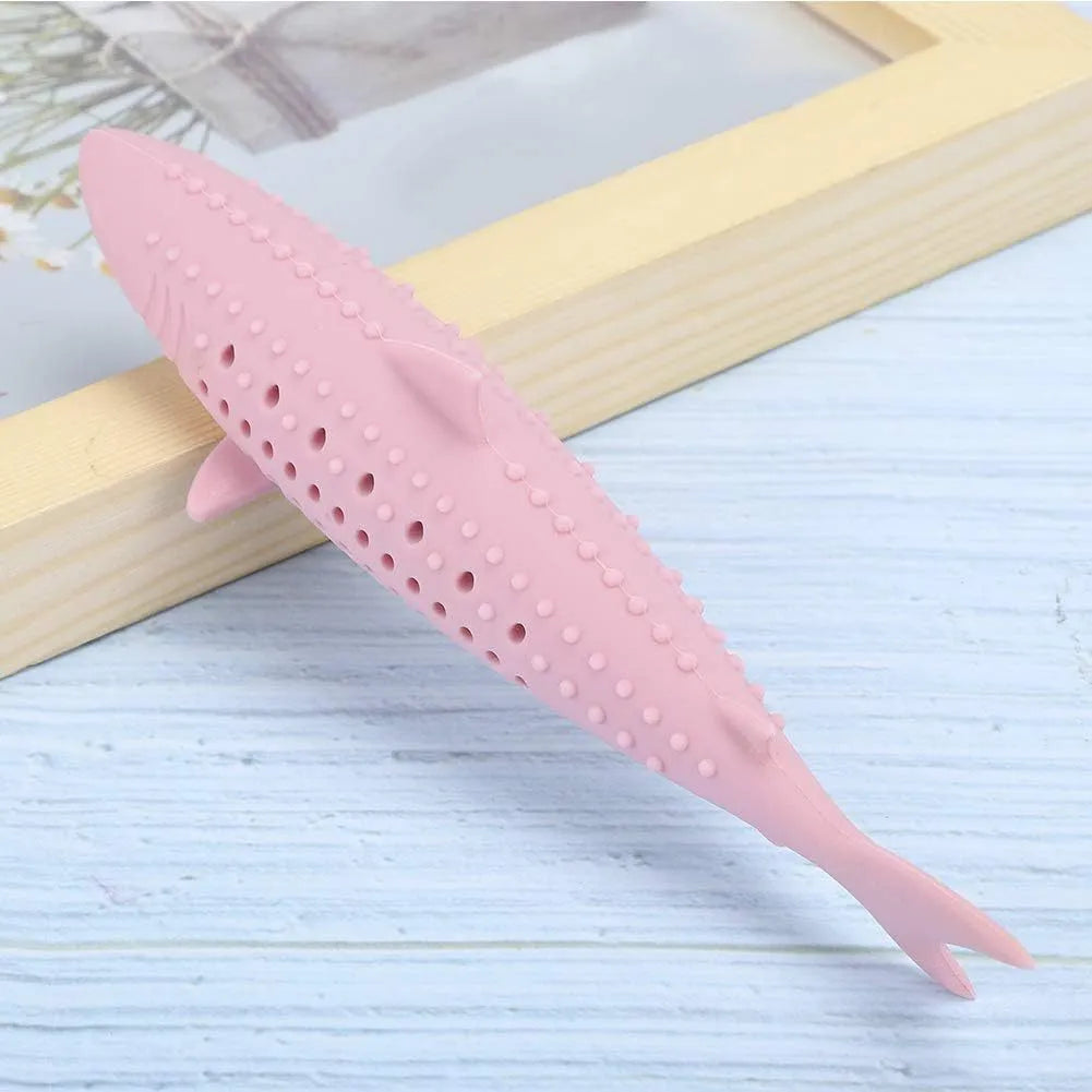Green fish-shaped silicone cat chew toy with breathable side holes for catnip scent