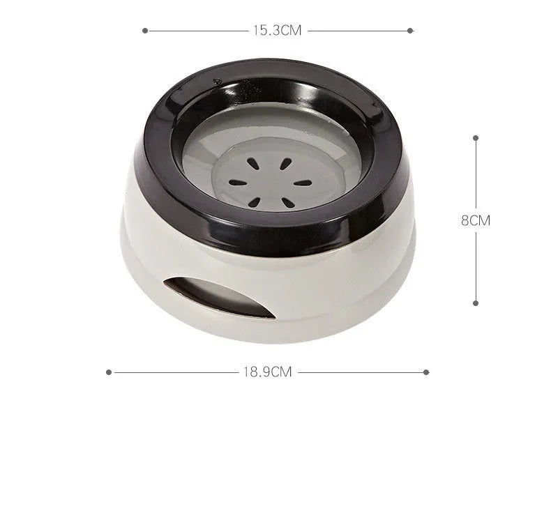 Floating no-spill pet bowl in ABS plastic, 15.3x18.9x8cm, shown in grey, green, pink or blue