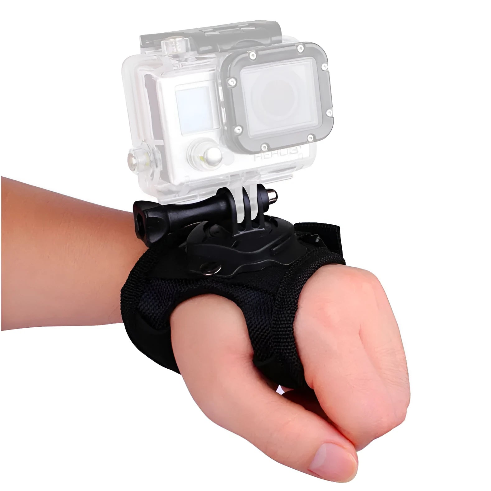 GoPro action camera mounted on a black wrist strap with a 360-degree rotating screw connection.