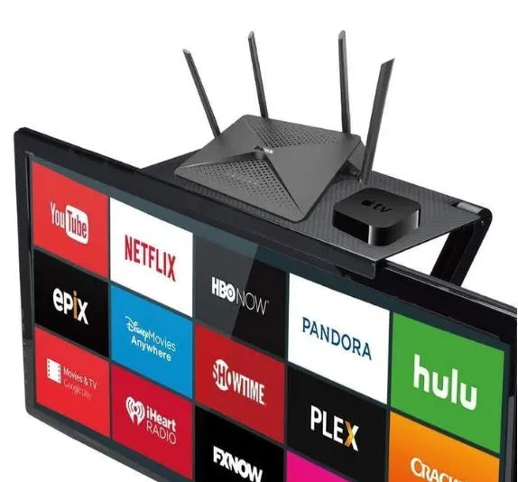 Black adjustable 13-inch screen top shelf for monitor or TV with TV box, router and remote on top.