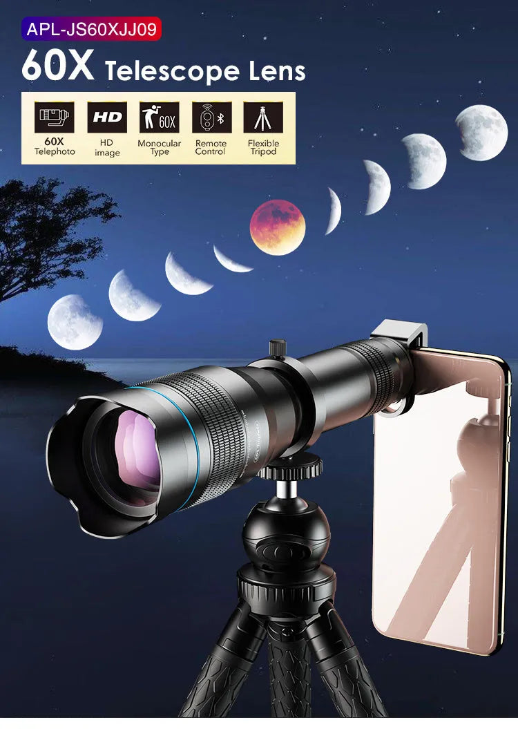 APEXEL black mobile telephoto lens with 36x magnification for smartphone photography