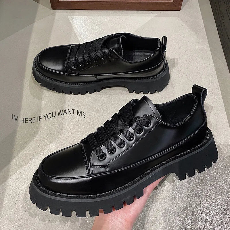 Men's casual leather platform shoes black cowhide upper heavy bottomed sole side view