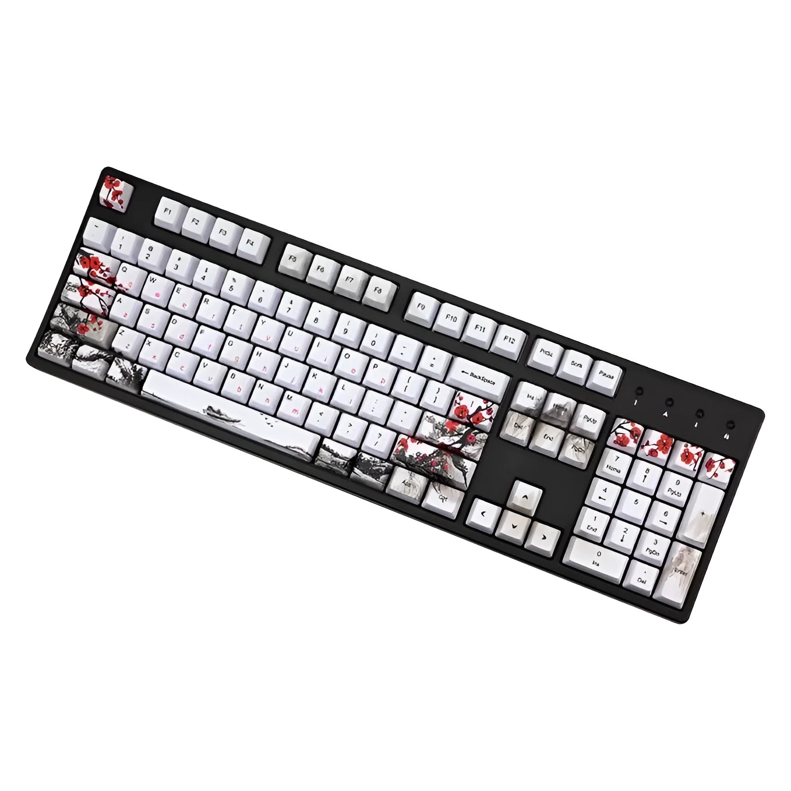 PBT keycap set with Wangjiang plum blossom design, showing Japanese, Korean, and US English legend options