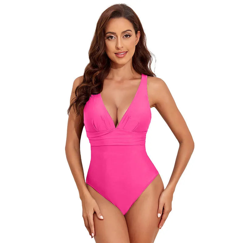 Women's solid colour cross-shoulder one-piece swimsuit on hanger
