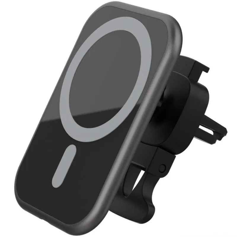 Black magnetic car wireless charging phone holder with USB interface, 15W charging, and indication function for 12V in-car use.