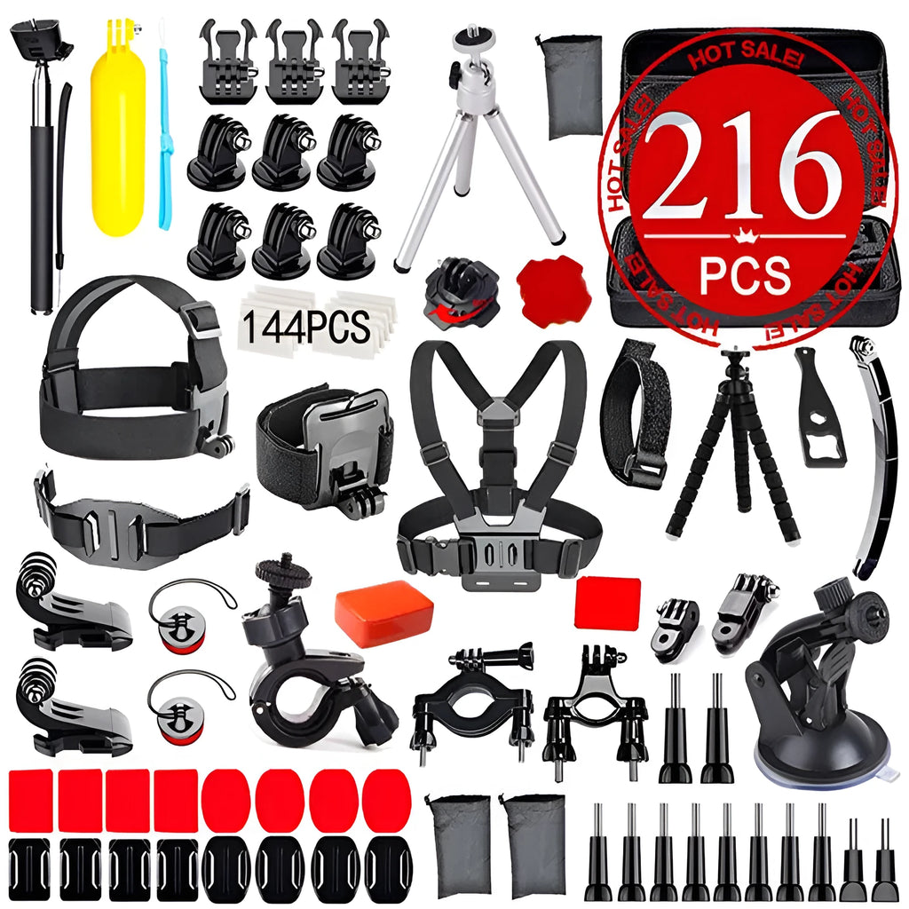 Black sports camera accessories set with helmet mount, chest strap, selfie stick, and storage bag