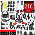 Black sports camera accessories set with helmet mount, chest strap, selfie stick, and storage bag