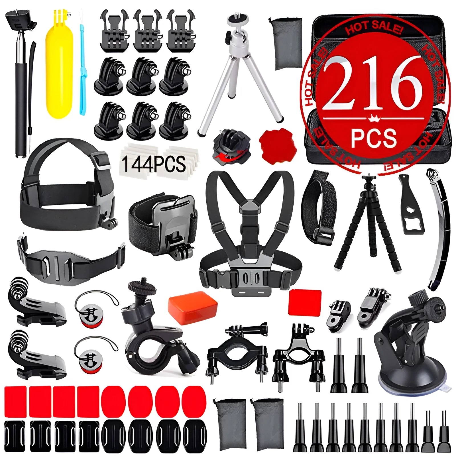 Black sports camera accessories set with helmet mount, chest strap, selfie stick, and storage bag