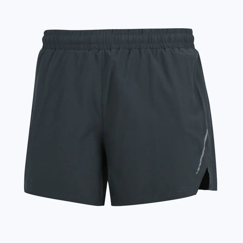 Man wearing grey quick-dry straight-leg polyester running shorts for marathon training.