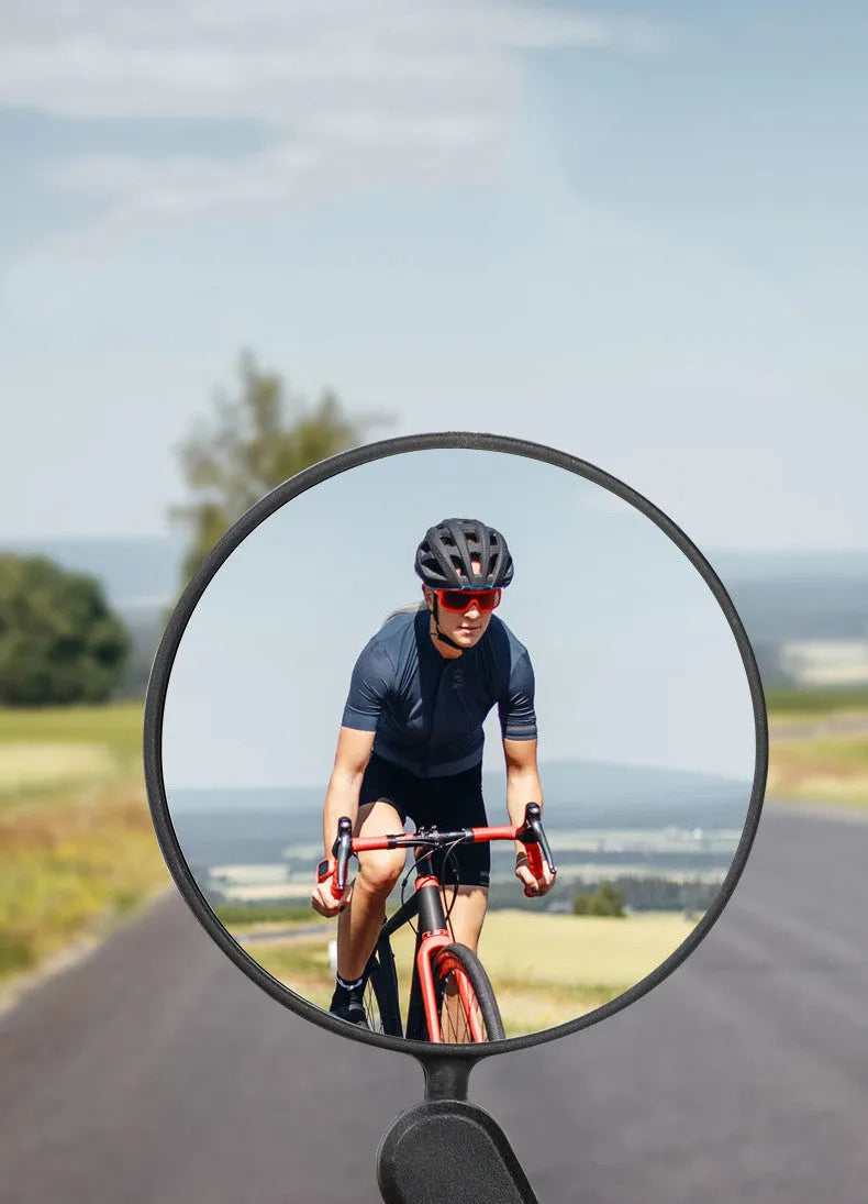 Black universal bicycle handlebar rearview mirror with convex acrylic lens and 360 degree adjustment