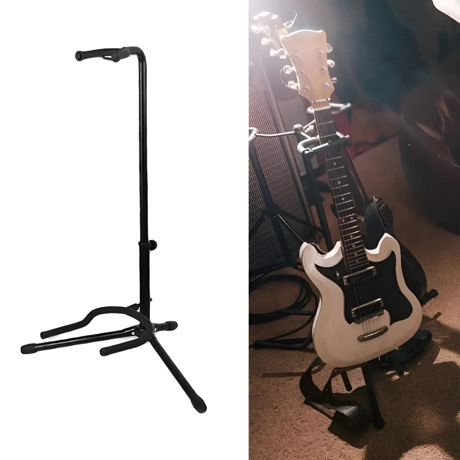 Black metal guitar floor stand holding an acoustic guitar.
