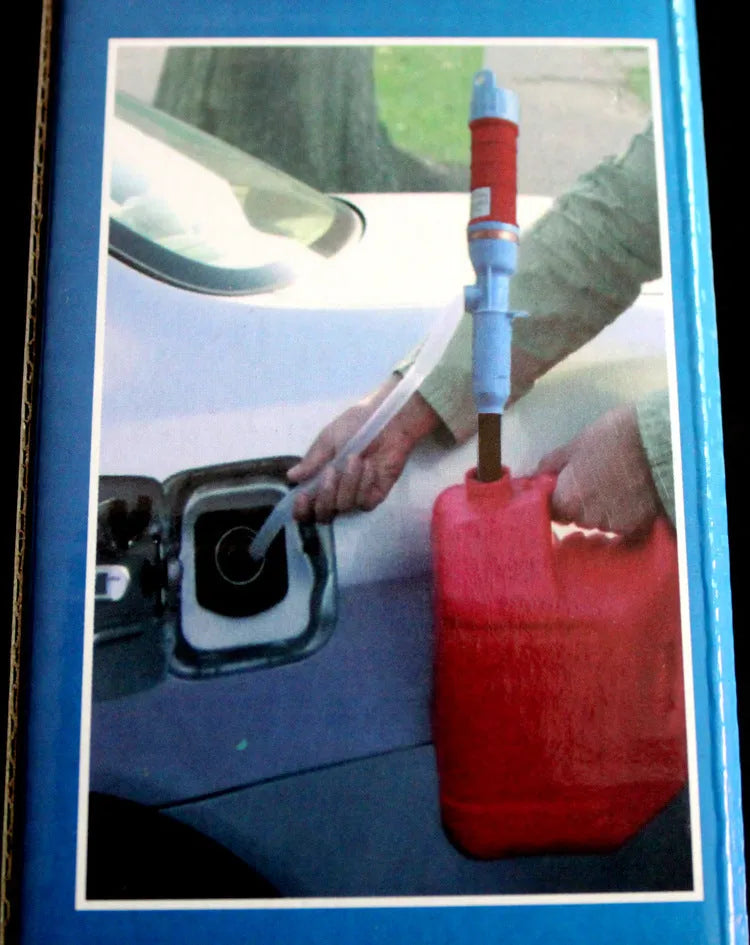 Blue and red manual hand siphon pump for transferring gasoline and liquids.