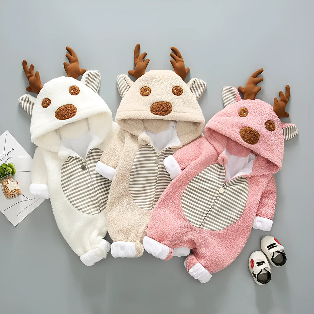 Long sleeve baby romper with lace-up strap closure in khaki, pink, and white colour options.