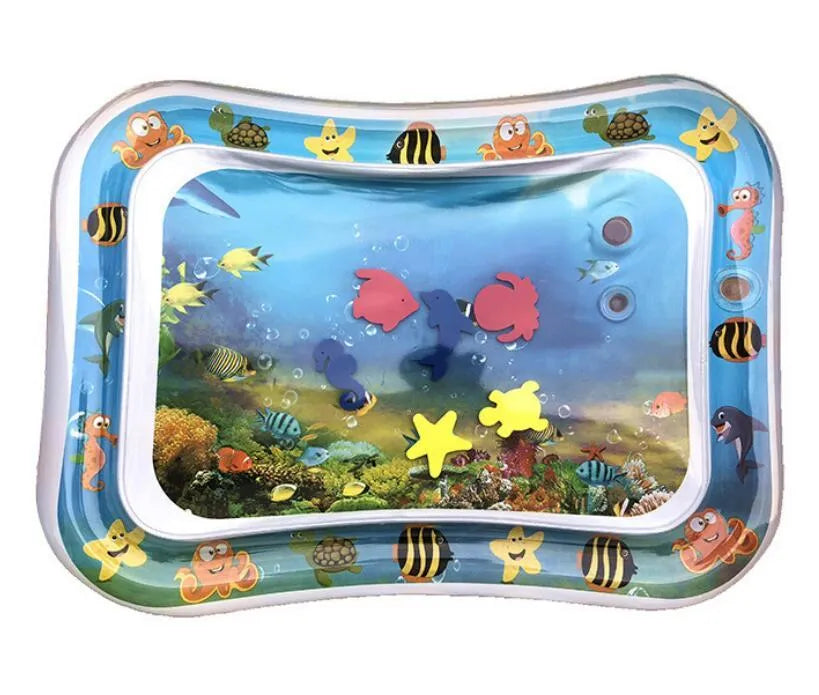 Baby inflatable water mat with 66x50cm PVC water cushion, two air rings, and foldable floor play design