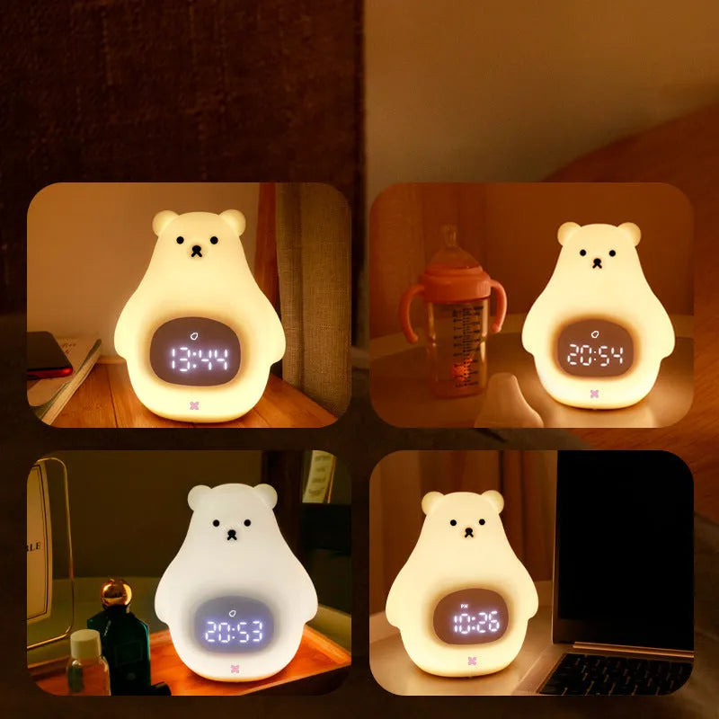 White bear-shaped silicone night light with a remote control and alarm clock features.